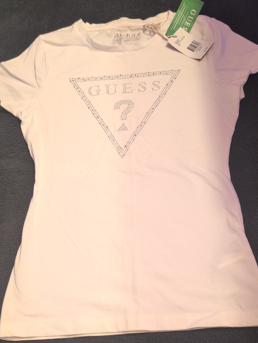 GUESS White Short Sleeve Tee with Crystal Triangle Logo - Women's